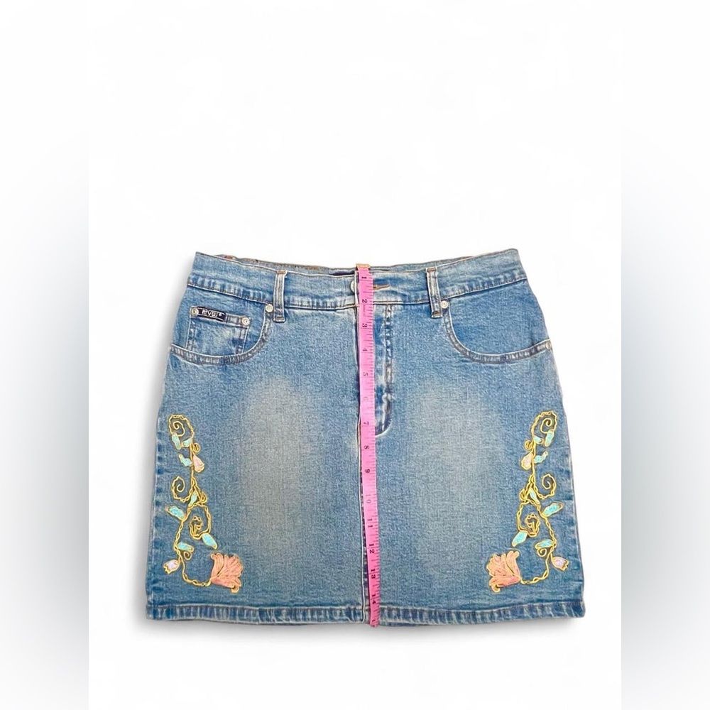 Revolt Jeans Blue Embroidered Denim Mini Skirt with Fringe Belt - Picture 8 of 8